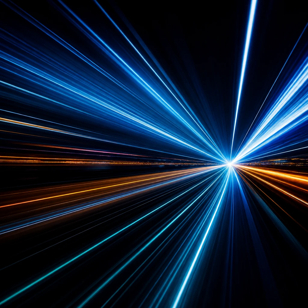 High-speed light streams converging toward a vanishing point