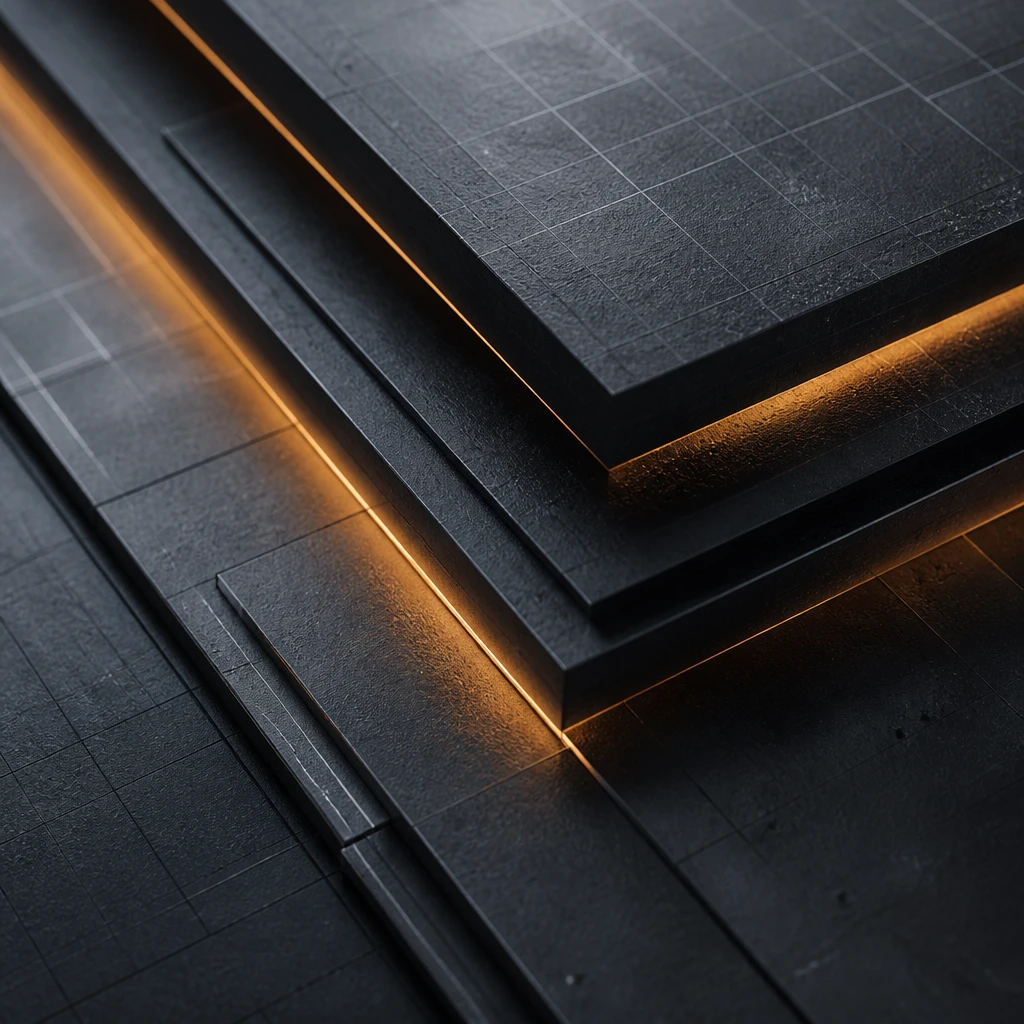 Stacked graphite architectural blocks with an amber seam